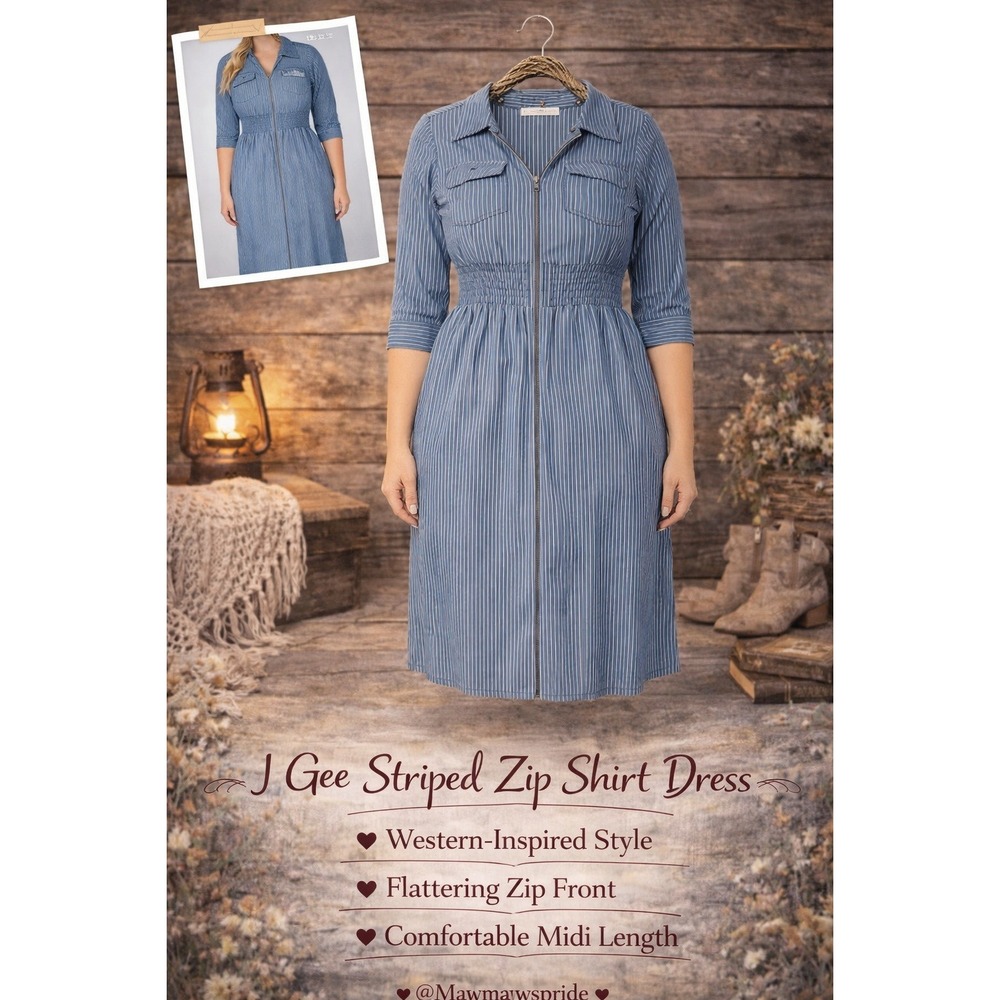 J Gee Striped Shirtdress Zip Waist western boho dress Midi Blue White M‎